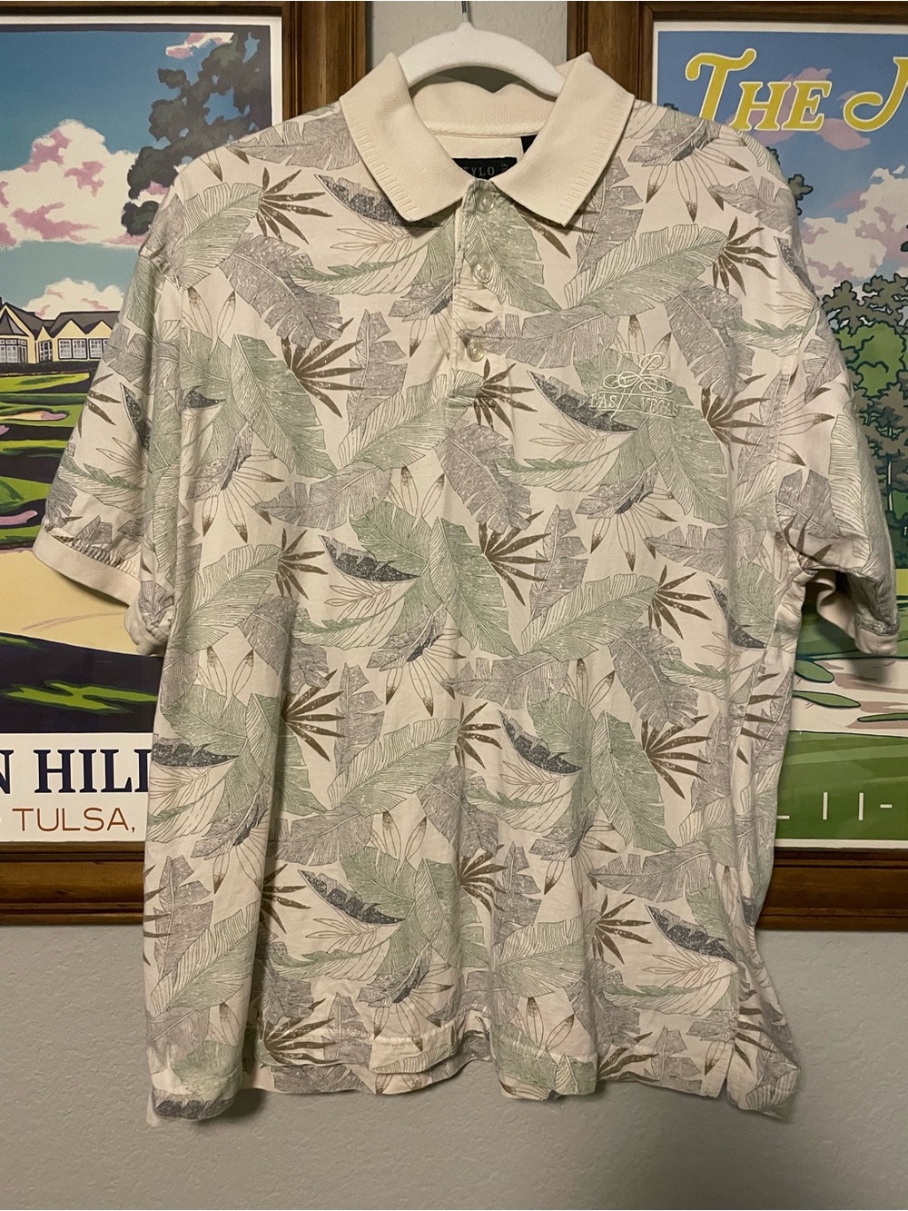 Vintage Las Vegas Tropical Leaf Print Golf Polo Shirt Mens Medium Resort Casino